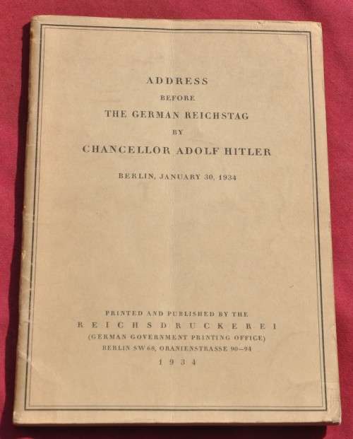 ADDRESS BEFORE THE GERMAN REICHSTAG by Adolf Hitler (1934) - RARE THIRD REICH COLLECTIBLE