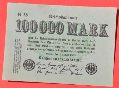 GERMANY 100,000 Mark 1923  - Weimar Republic DEUTSCHES REICH, Ro. 90a ***UNC***