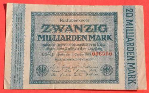 GERMANY 20 Milliarden Mark 1923 - Weimar Republic DEUTSCHES REICH, Ro. 115e (Pick 118) **VF+**