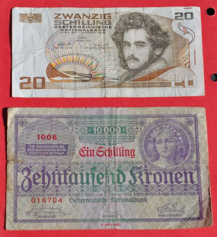 AUSTRIA 10000 Kronen (1 Schilling) 1924 &  20 Schilling 1986