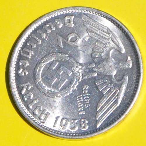 DEUTSCHES REICH - 2 SILVER REICHSMARK 1938 aUNC - Rare German 62.5% Silver Coin