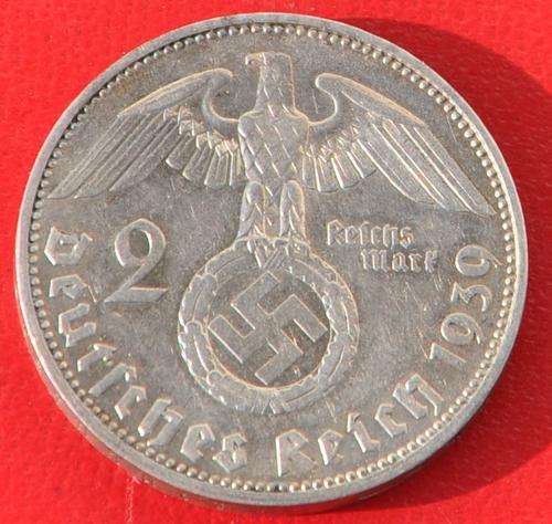 DEUTSCHES REICH - 2 SILVER REICHSMARK 1939 J - REICHSADLER & SWASTIKA - Vintage German Silver Coin