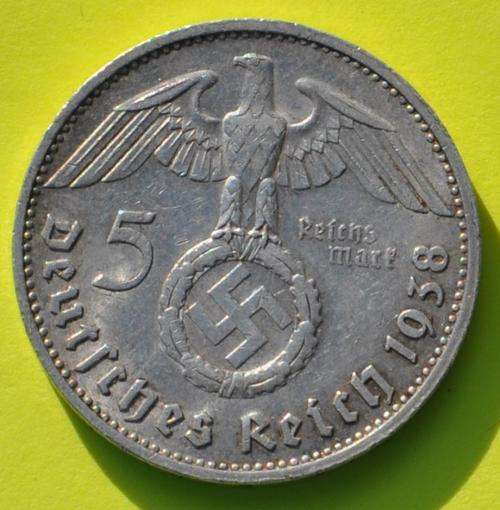 DEUTSCHES REICH - 5 SILVER REICHSMARK 1938 G - REICHSADLER - Vintage German 90% Silver Coin