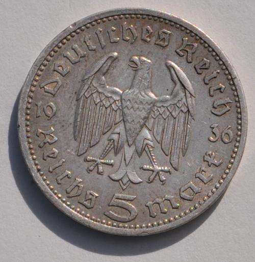 DEUTSCHES REICH - 5 SILVER REICHSMARK 1936 A  - REICHSADLER - Vintage German 90% Silver Coin