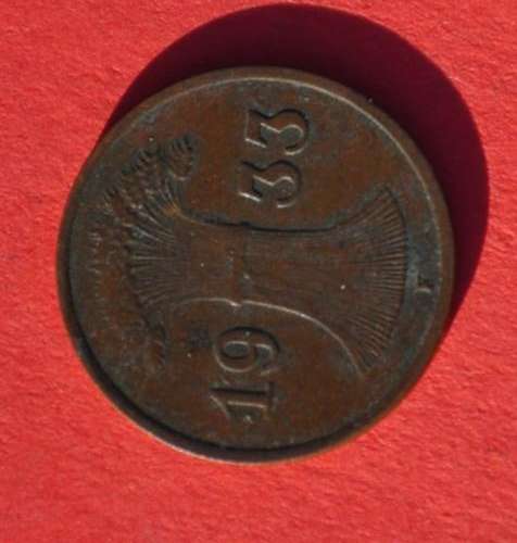 DEUTSCHES REICH 1 REICHSPFENNIG 1933 F Rare German 95% Copper Coin ORIGINAL THIRD REICH COLLECTIBLE