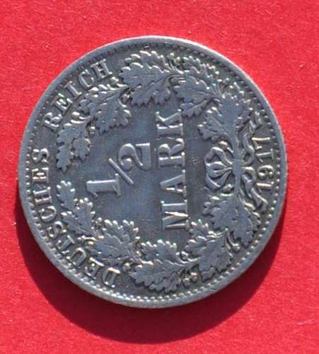 DEUTSCHES REICH HALF SILVER MARK 1917 A - Rare Imperial German 90% Ag Coin - 5 EUR in VF