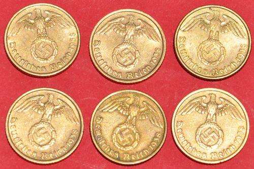 DEUTSCHES REICH  10 REICHSPFENNIG 1938 A, D, E, F, G, J aUNC- Your bid for the entire set  RARE!!!