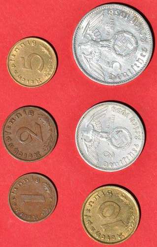DEUTSCHES REICH 1938 A - 1 2 5 10 Reichspfennig 2 & 5 Silver Reichsmark - set in excellent condition