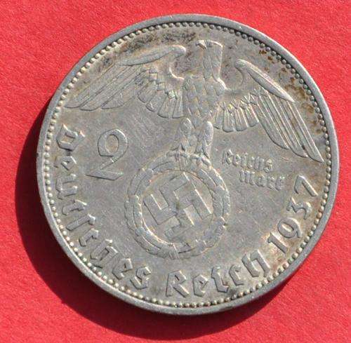 DEUTSCHES REICH - 2 SILVER REICHSMARK 1937 A  Vintage VF German 62.5% Ag Coin in excellent condition
