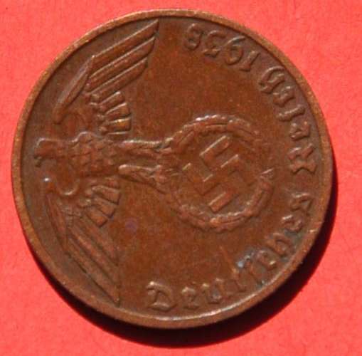 DEUTSCHES REICH 1 REICHSPFENNIG 1938 D Nice German 95% Copper Coin ORIGINAL THIRD REICH COLLECTIBLE