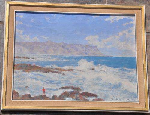 ORIGINAL OIL ON BOARD ARTWORK - GORDONS BAY (HIGH TIDE) FROM SOMERSET STRAND (1971)