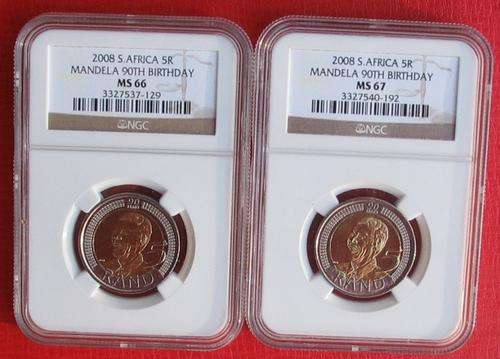 2008 Mandela R5 NGC MS66 & MS67 - 2 HIGH GRADED MADIBA BIRTHDAY COINS