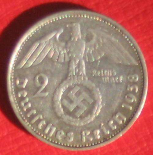 DEUTSCHES REICH - 2 REICHSMARK 1938 - HINDENBURG & SWASTIKA - NO RESERVE