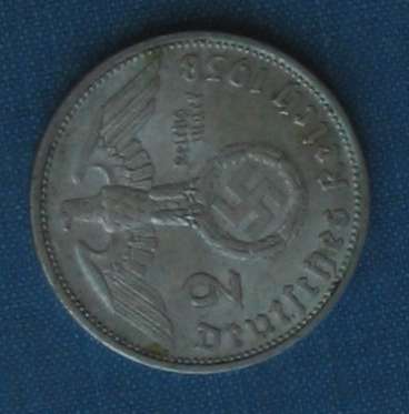 Christmas Special DEUTSCHES REICH 2 SILVER REICHSMARK 1938 HINDENBURG & SWASTIKA THIRD REICH GERMANY