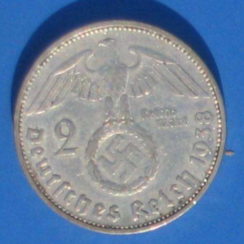 DEUTSCHES REICH - 2 SILVER REICHSMARK 1938 J - REICHSADLER & SWASTIKA - Popular German Silver Coin