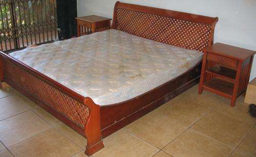 KING SIZE EXTRA LENGTH WOODEN BED with MATTRASS and 2 BEDSIDE TABLES