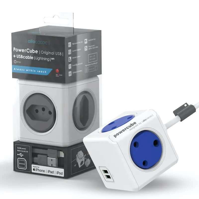 Allocacoc Powercube Original USB MM 1.5M Blue extension Multiplug with Original Grey MN Sockets