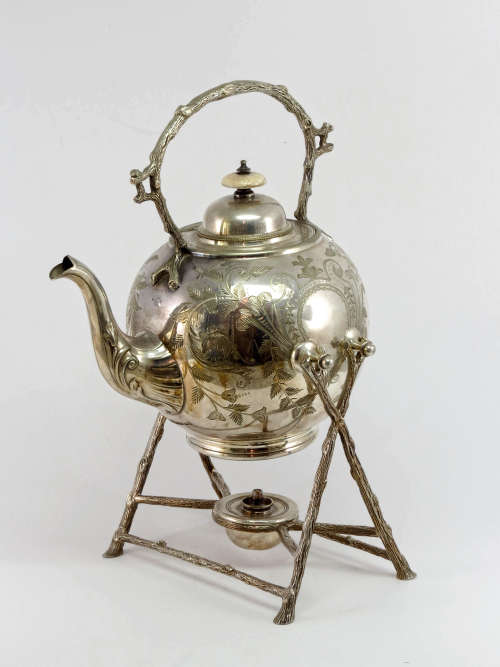 Victorian Hand Engraved Silver Plated Tea Kettle with Burner Stand