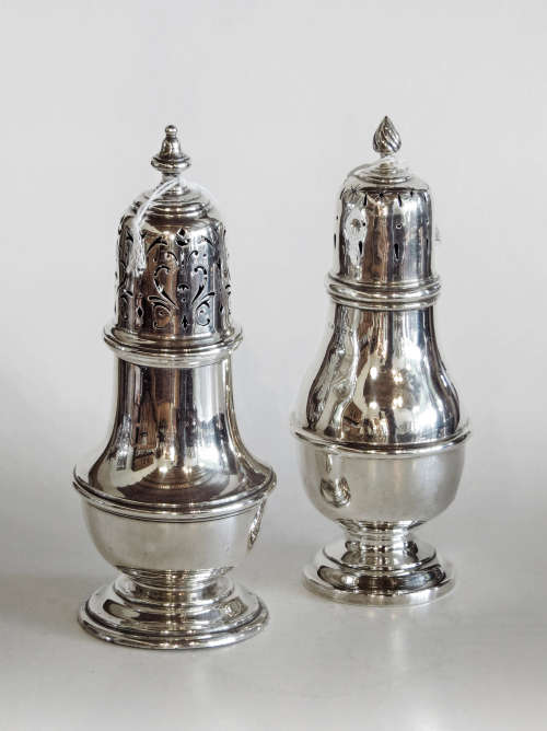 Two hallmarked silver sugar castor - London 1927 & Birmingham 1907