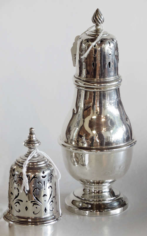 Two hallmarked silver sugar castor - London 1927 & Birmingham 1907