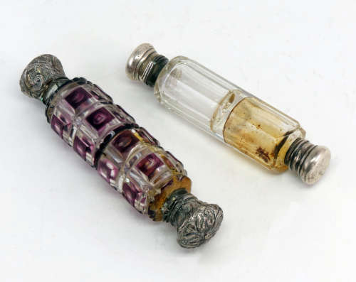 2x Victorian double ended perfume bottles with sterling silver caps
