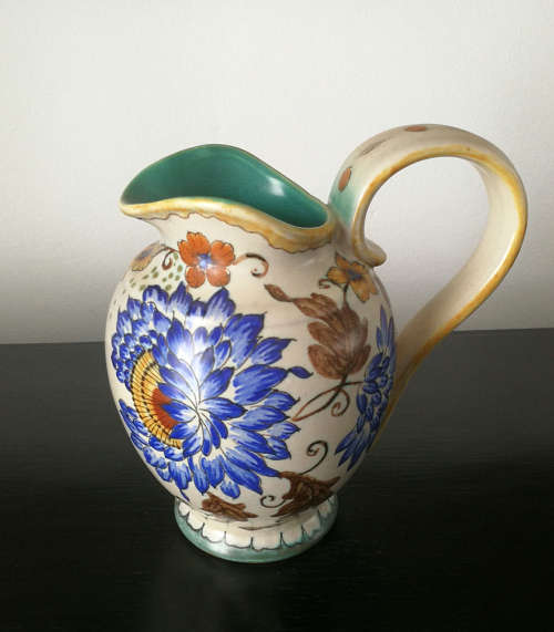 Vintage Hand Painted Gouda / Delft Polychrome Floral Pitcher