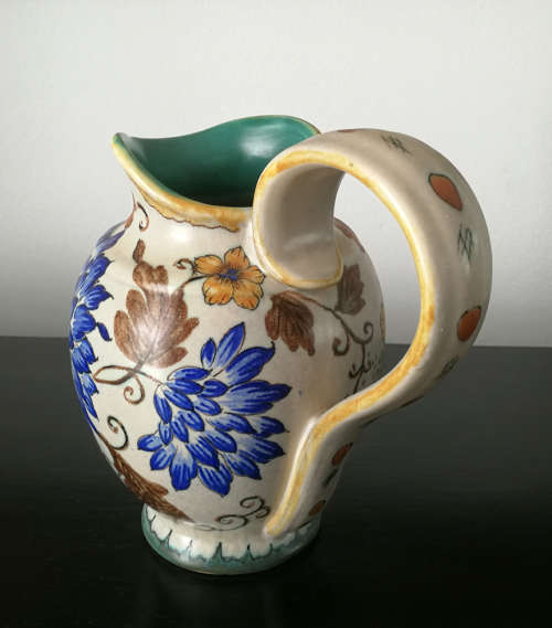 Vintage Hand Painted Gouda / Delft Polychrome Floral Pitcher