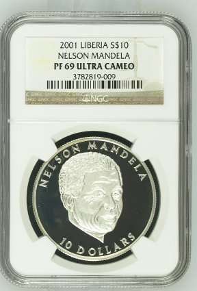 " 2ND FINEST GRADE " 2001 Proof Mandela $10 Liberia Coin-NGC Graded PF69 Ultra Cameo.