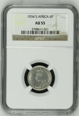 *** Almost UNC *** 1934 Six Pence (6P) - NGC Graded AU55 - Hern's UNC Value = R2,000.00.