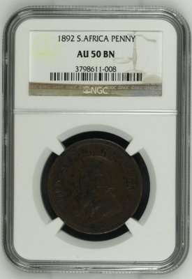 *** Almost UNC *** ZAR 1892 Penny - NGC Graded AU50BN - UNC Value = R22,000.00