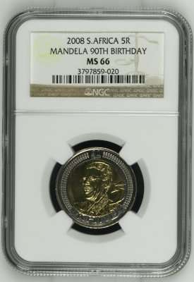 Mandela 90th Birthday 2008 R5 - NGC Graded MS64 & MS66 - Bid Per Coin To Take Both Coins !!!