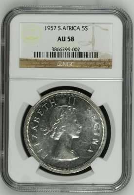 *** Almost UNC *** 1957 Five Shillings (5S) - NGC Graded AU58.