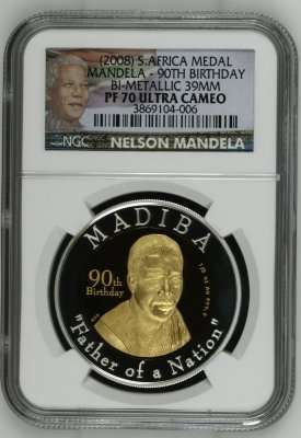 *** FINEST KNOWN ** PF70 Ultra Cameo 2008 Mandela 90th Birthday Half Oz Gold Medal 24 Carat (999.99)