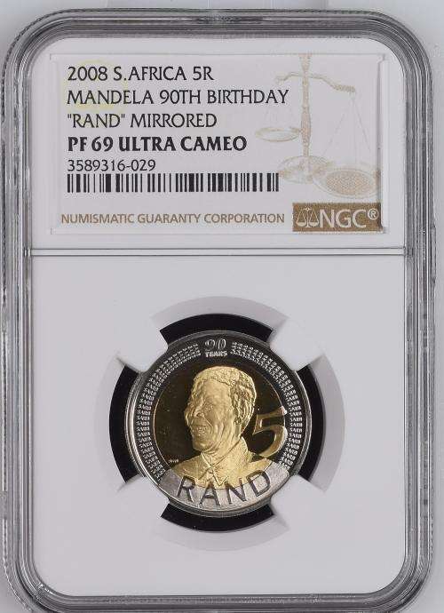 *** MIRRORED PROOF *** 2008 Nelson Mandela 90th Birthday Proof R5 - NGC Graded PF69 Ultra Cameo.