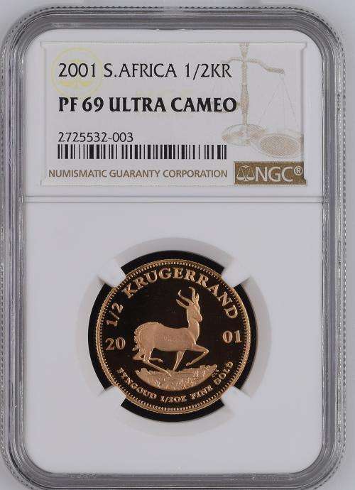2001 Proof Krugerrand 1/2 Ounce Gold - NGC Graded PF69 Ultra Cameo.