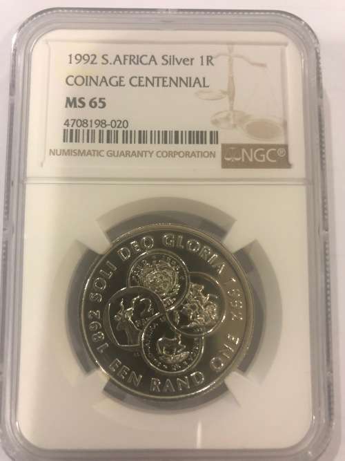 1992 Protea UNC Silver R1 - Coinage Centennial - NGC Graded MS65 - Only 8 x Coins Graded Higher !!!