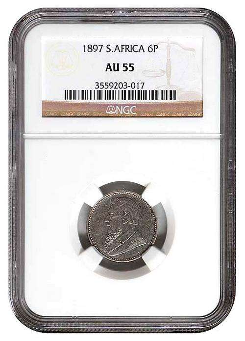 *** Scarce & High Grade *** Z.A.R. 1897 Six Pence (6P) - NGC Graded AU55 - Crazy R1 Start.