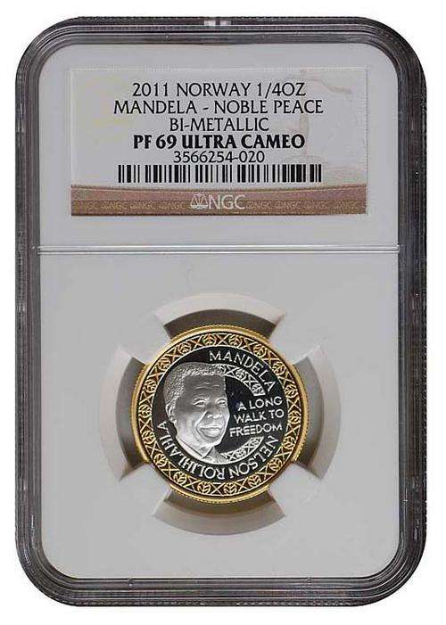*** Finest Known *** NGC PF 69 Ultra Cameo Nelson Mandela Norway Nobel Peace 1/4oz Bi-Metallic Medal