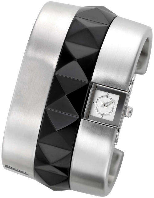 DIESEL STAINLESS STEEL & BLACK ACRYLIC DESIGNER LADIES BANGLE WATCH
