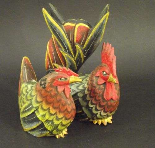 Folk Art Carved and painted Wooden Rooster and Hen ~ Farm House Country Decor