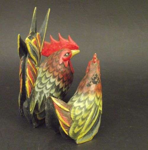 Folk Art Carved and painted Wooden Rooster and Hen - Farm House Country Decor