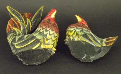 Folk Art Carved and painted Wooden Rooster and Hen - Farm House Country Decor