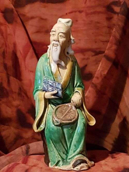 Chinese Mudman Figure ~ Wise Man with Scroll and Fan ~ c1900