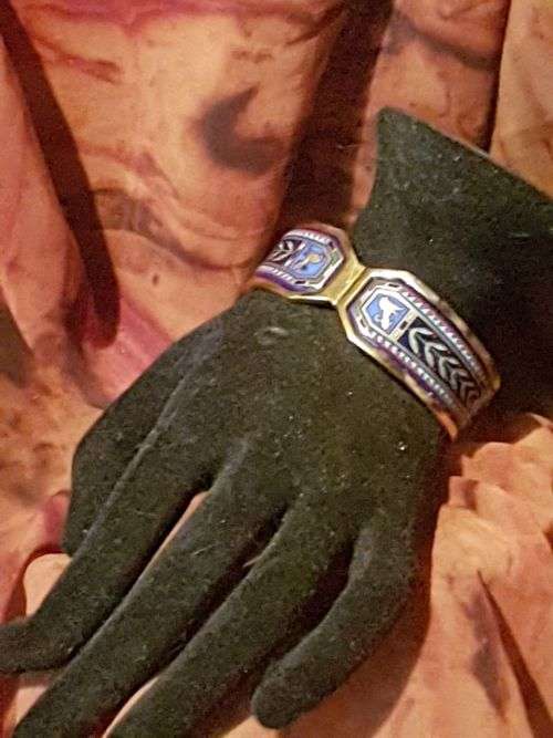 MICHAELA FREY Greco-Roman Contessa Clasp Bangle ~ 24K Gold Plated Fire Enamel Finish ~ Austrian