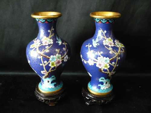 Impressive Pair of Jingtai Blue Cloisonne Vases on Original Wood Bases