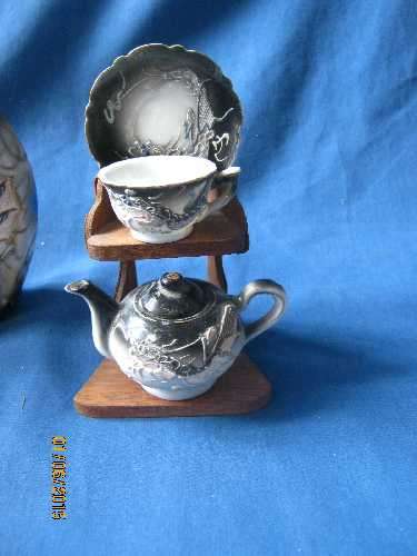 Vintage Miniature Japanese Satsuma Moriage Dragonware Tea Set on Original Stand ~ Relief & Embossed