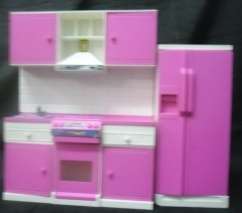 Barbie Look-A-Like kitchen with cupboards, oven and taps& fridge set