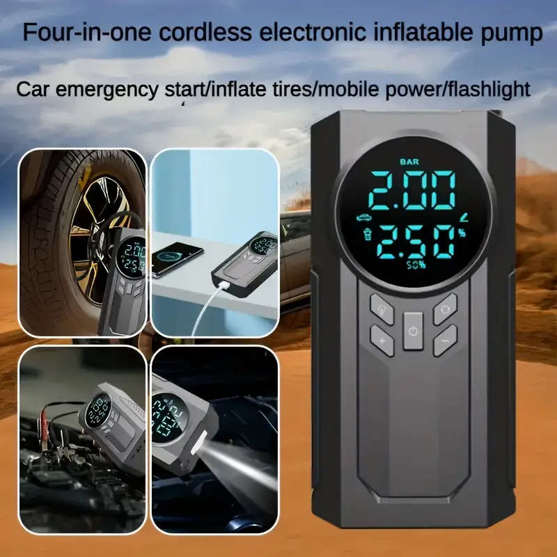 Portable Cordless Car Battery Emergency Starter, Air Compressor To Easily Inflate Tire