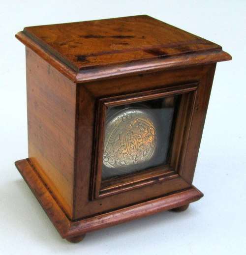 very rare wooden antique fob watch case containing fine sterling silver fob watch key winder