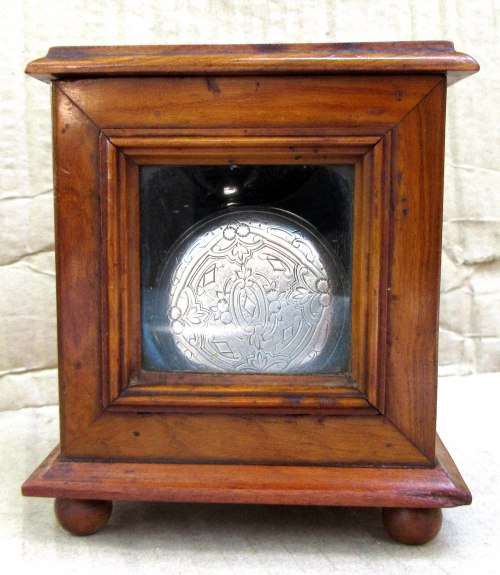 very rare wooden antique fob watch case containing fine sterling silver fob watch key winder